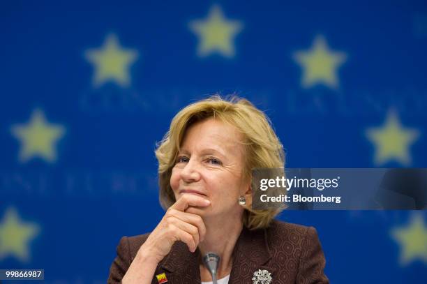 Elena Salgado, Spain's finance minister, pauses during a news conference following the meeting of European Union finance ministers in Brussels,...