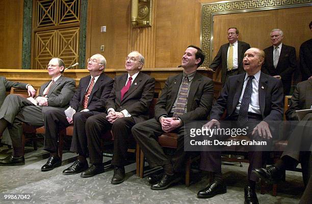Phil Gramm, R-Texas, Jesse Helems, R-N.C., Rick Santorum, R-Pa., and Strom Thurmond, R-S.C., during a ceremony to accept 12 plaster casts used in the...