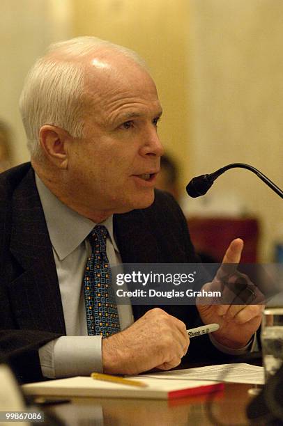 John McCain, R-Ariz., makes a heated point during the full committee hearing on S.271, the "527 Reform Act of 2005"in the Russell Senate Office...