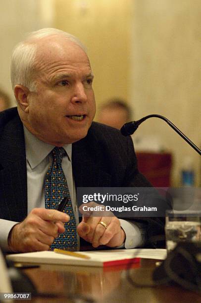 John McCain, R-Ariz., makes a heated point during the full committee hearing on S.271, the "527 Reform Act of 2005"in the Russell Senate Office...