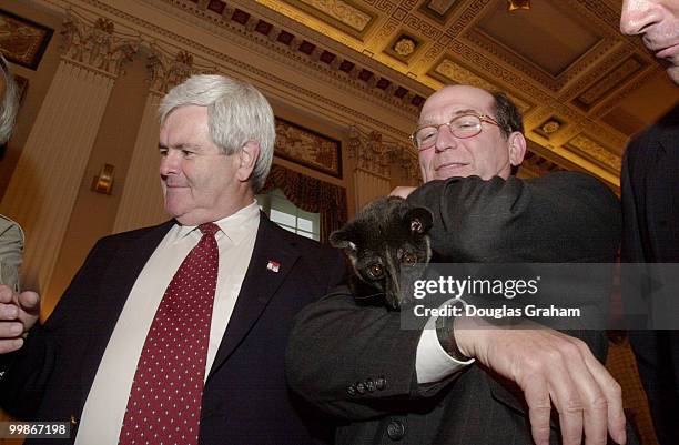 Former Speaker of the House Newt Gingrich, R-Ga., and Wayne T. Gilchrest, R-Md., play with Civet in the Cannon Cauaus Room during a reception to...