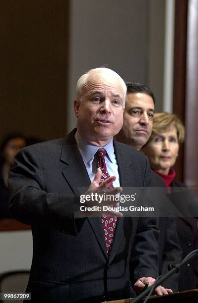 John McCain, R-Ariz., Russ Feingold, D-Wis., and Constance A. Morella, R-Md., during a press conference on Campaign Finance Reform.