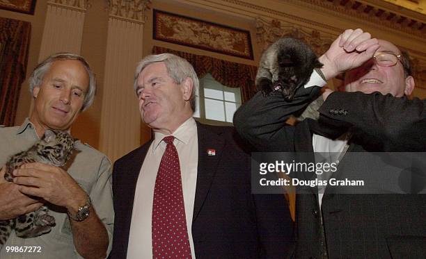 Jack Hanna talks with Former Speaker of the House Newt Gingrich, R-Ga., about the Clouded Leopard as Wayne T. Gilchrest, R-Md., has his hands full...