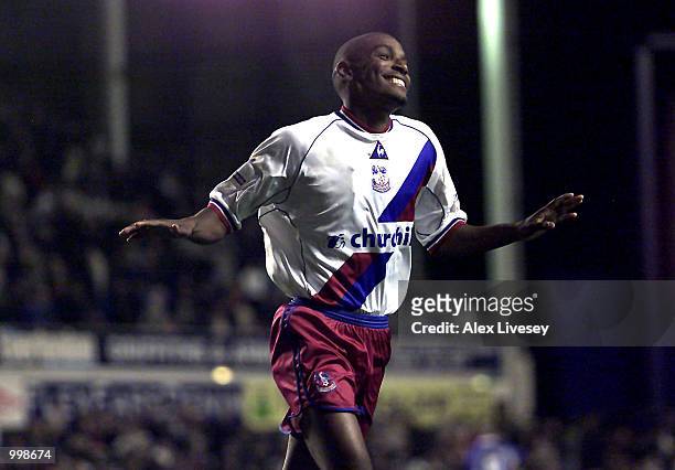 Clinton Morrison of Crystal Palace celebrates scoring the winning penalty against Everton during the Worthington Cup second round match between...