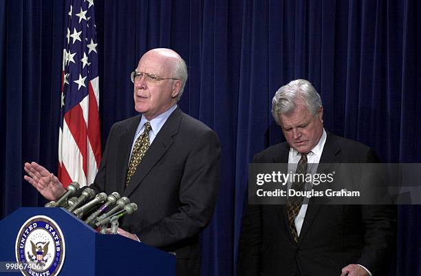 Patrick J. Leahy, D-Vt., and Edward M. Kennedy, D-Mass., during a press conference after the Senate voted to approve John Ashcroft as Attorney...