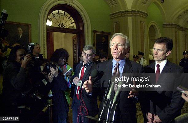 Joseph I. Lieberman, D-Conn., and Tom Daschle, D-S.D., during a press conference after the democratic caucus luncheon.