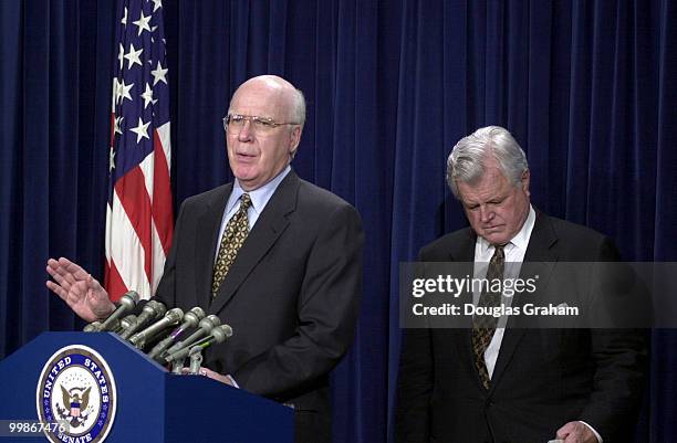 Patrick J. Leahy, D-Vt., and Edward M. Kennedy, D-Mass., during a press conference after the Senate voted to approve John Ashcroft as Attorney...