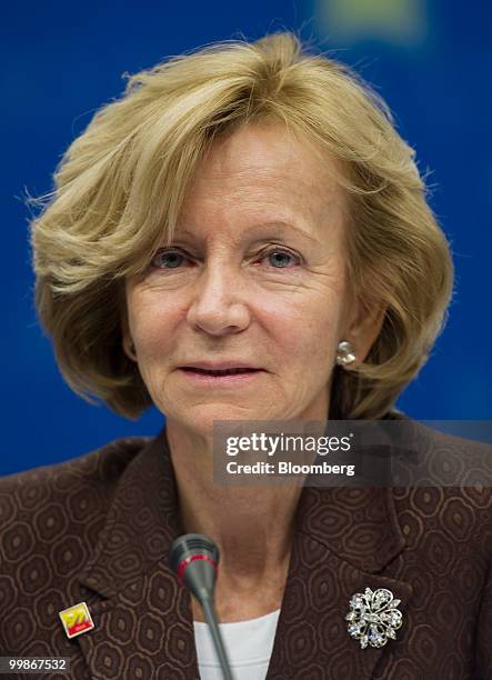 Elena Salgado, Spain's finance minister, speaks during a news conference following the meeting of European Union finance ministers in Brussels,...