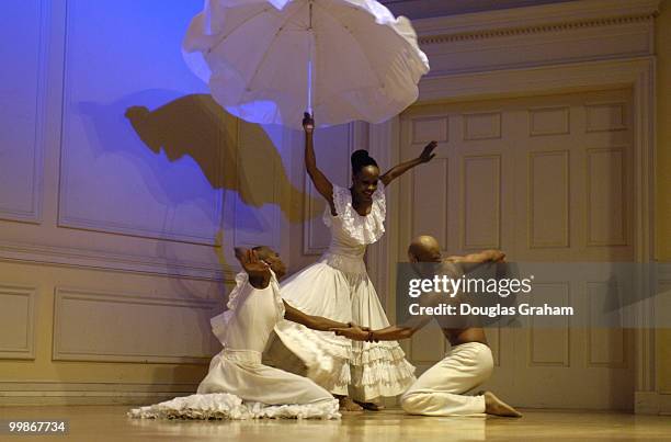 Dancers Renee Robinson, Dwana Adiaha Smallwood and Matthew Rushing of Alvin Ailey preformed a vignette of "Wade In The Water" during a press...