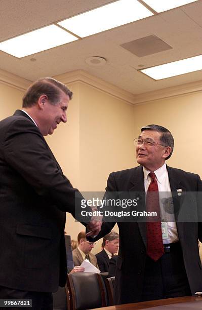 Transportation Secretary Norman Mineta is greeted by Chairman Ernest Istook, R-Ok., before the start of the Appropriations Transportation, Treasury...