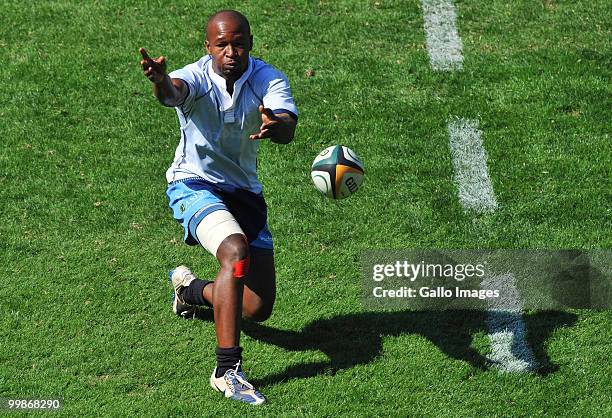 John Mametsa of the Bulls passes the ball during a Vodacom Bulls training session at Orlando Stadium on May 18, 2010 in Soweto, Johannesburg, South...