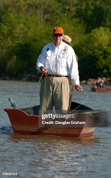 Robin Hayes, R-NC., fly fishes for hiskory shad during the Congressional Sportsmen's Foundation annual shad fishing event on the Potomac River at...