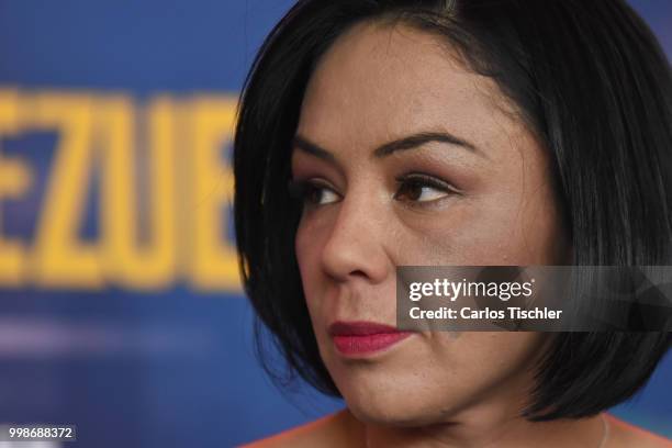 Jackie Nava looks on during a press conference ahead of the fight against Alys Sánchez at Mexico City Arena on July 12, 2018 in Mexico City, Mexico.