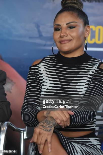 Mariana 'Barby' Juarez smiles during a press conference ahead of the fight between against Terumi Nuki at Mexico City Arena on July 12, 2018 in...
