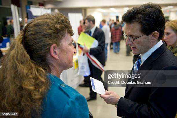 Congressman Eric Cantor, R-VA, listens to Claudia Hales about her plight trying to find work at the Germanna Community College, Daniel Technology...