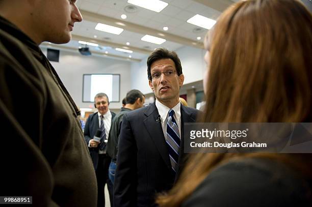 Congressman Eric Cantor, R-VA, listens to a young couple trying to find work at the Germanna Community College, Daniel Technology Center in Culpeper...