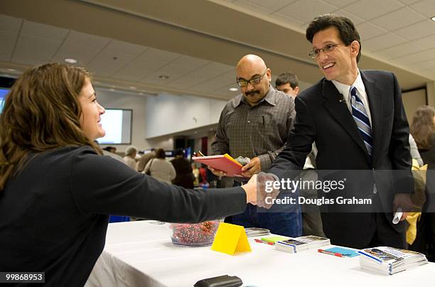 Congressman Eric Cantor, R-VA, greets a FEMA worker and thanks them for attending the Germanna Community College, Daniel Technology Center in...