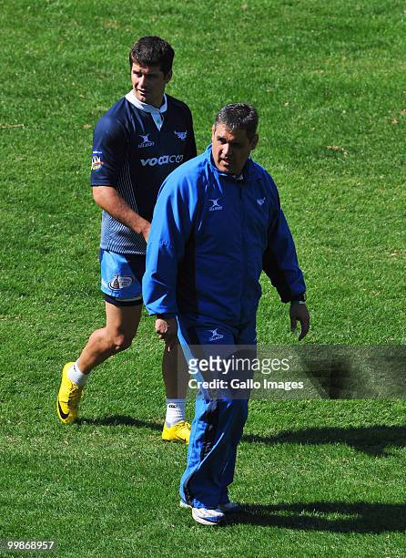 Frans Ludeke head coach of the Bulls and Morne Steyn during a Vodacom Bulls training session at Orlando Stadium on May 18, 2010 in Soweto,...