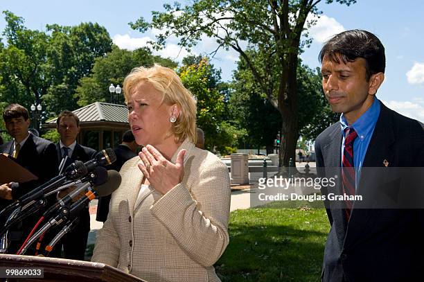 Mary Landrieu, D-LA., and Gov. Bobby Jindal, R-La., during a news conference in support of the hurricane protection and reconstruction provisions in...