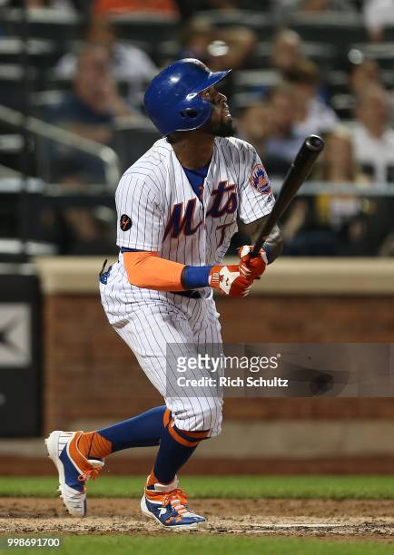 Jose Reyes of the New York Mets in action against the Philadelphia Phillies during a game at Citi Field on July 11, 2018 in the Flushing neighborhood...