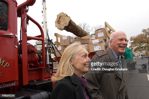 Patrick Leahy, D-VT., and his wife Marcelle talk with the media as this year's Capitol Christmas Tree a gift from the people of Vermont arrives on...