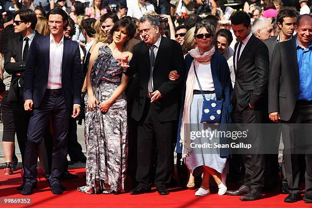 Luke Evans, Lola Frears, Director Stephen Frears, Anne Rothenstein, Dominic Cooper and Bill Camp attend the "Tamara Drewe" Premiere at Palais des...