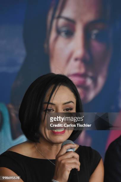 Jackie Nava speaks during a press conference ahead of the fight between Mariana Juarez and Terumi Nuki at Mexico City Arena on July 12, 2018 in...