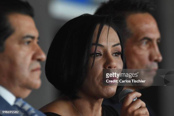 Jackie Nava speaks during a press conference ahead of the fight against Alys Sánchez at Mexico City Arena on July 12, 2018 in Mexico City, Mexico.