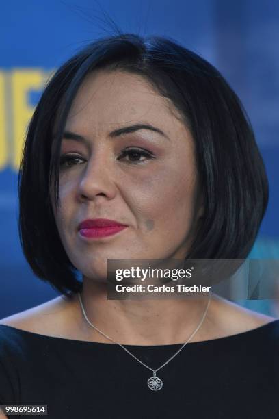 Jackie Nava looks during a press conference ahead of the fight against Alys Sánchez at Mexico City Arena on July 12, 2018 in Mexico City, Mexico.