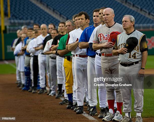 The Democrats during the National Anthem at the 48th Annual Roll Call Congressional Baseball Game on June 17, 2009 at Nationals Park in Washington,...