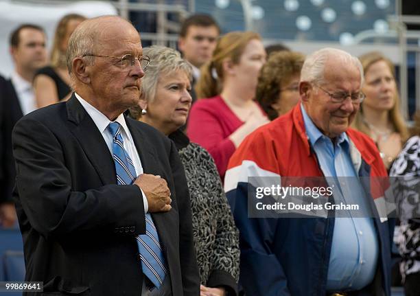 Sherwood Boehlert and Robert H. Michel former members of Congress during the National Anthem at the 48th Annual Roll Call Congressional Baseball Game...