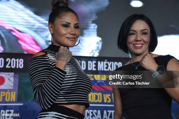 Mariana 'Barby' Juarez and Jackie Nava pose during a press conference at Mexico City Arena on July 12, 2018 in Mexico City, Mexico. Mariana 'Barby'...