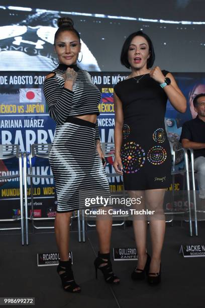Mariana 'Barby' Juarez and Jackie Nava pose during a press conference at Mexico City Arena on July 12, 2018 in Mexico City, Mexico. Mariana 'Barby'...