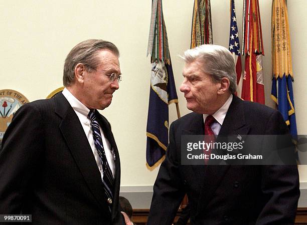 Defense Secretary Donald Rumsfeld and Chairman John Warner, R-VA., during the full committee hearing on the defense authorization request for FY2005...