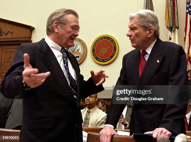 Defense Secretary Donald Rumsfeld and Chairman John Warner, R-VA., during the full committee hearing on the defense authorization request for FY2005...