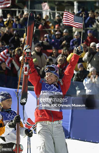 Shannon Bahrke of the USA celebrates taking the silver medal in the final round of the women's moguls during the Salt Lake City Winter Olympic Games...