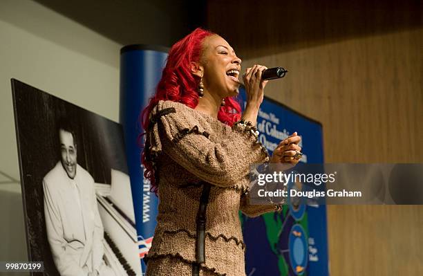 Singer Sylver Logan Sharpe during an event to celebrate Black History Month and D.C.'s new quarter, featuring Duke Ellington at his piano, to kick...