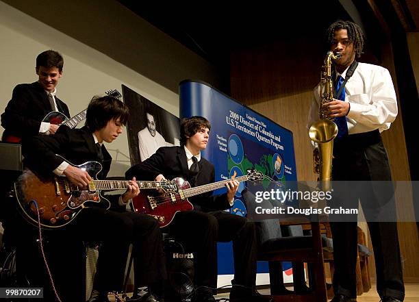 Jazz band from the Ellington School of the Arts plays during an event to celebrate Black History Month and D.C.'s new quarter, featuring Duke...