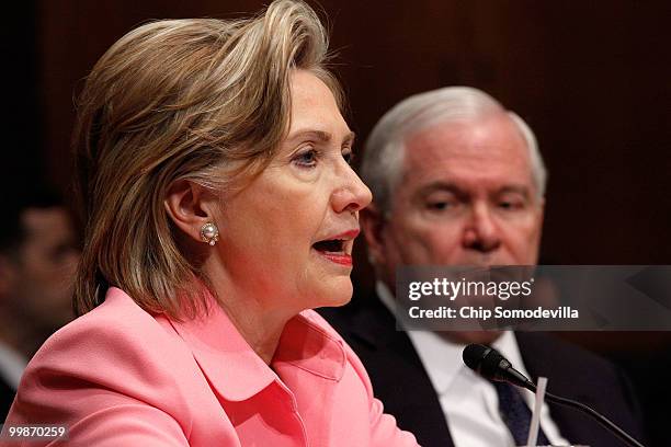 Secretary of State Hillary Clinton testifies before the Senate Foreign Relations Committee with Defense Secretary Robert Gates about the new START...
