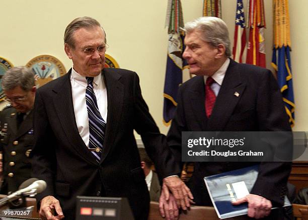 Defense Secretary Donald Rumsfeld and Chairman John Warner, R-VA., during the full committee hearing on the defense authorization request for FY2005...