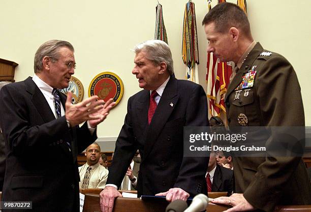 Defense Secretary Donald Rumsfeld, Chairman John Warner, R-VA., and Gen. Peter Pace, vice chairman, Joint Chiefs of Staff during the full committee...