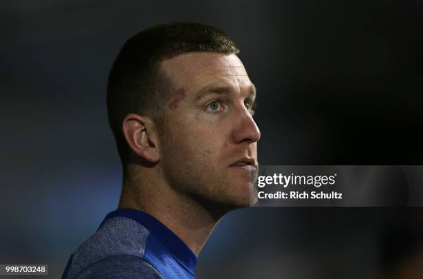 Todd Frazier of the New York Mets in action against the Philadelphia Phillies during a game at Citi Field on July 11, 2018 in the Flushing...