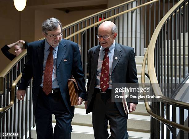 David Obey, D-Wis., and Peter DeFazio, D-OR., walk to the House Democratic Conference in the CVC basement of the U.S. Capitol. March 11, 2010.