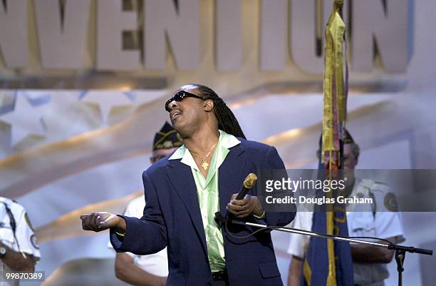 Stevie Wonder signs at the democratic national convention in Los Angeles, Ca.