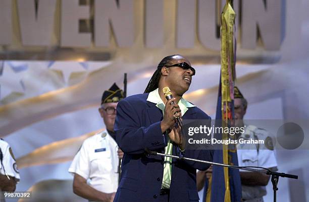 Stevie Wonder signs at the democratic national convention in Los Angeles, Ca.