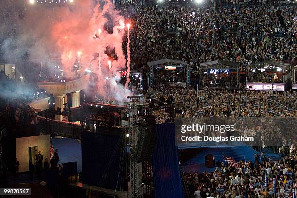 Barack Obama and his family watch the fireworks after he accepted the Democratic presidential nomination at Invesco Field at Mile High at the 2008...