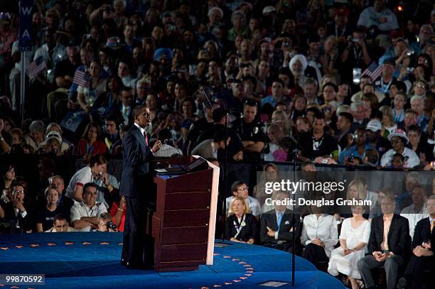 Barack Obama addresses the crowd during his acceptance of the Democratic presidential nomination at Invesco Field at Mile High at the 2008 Democratic...