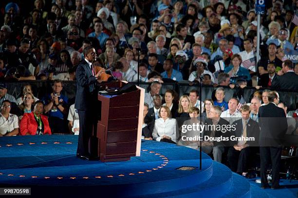Barack Obama addresses the crowd during his acceptance of the Democratic presidential nomination at Invesco Field at Mile High at the 2008 Democratic...
