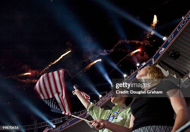 Fireworks are set off at the conclusion of day four of the Democratic National Convention at Invesco Field at Mile High August 28 2008 in Denver...