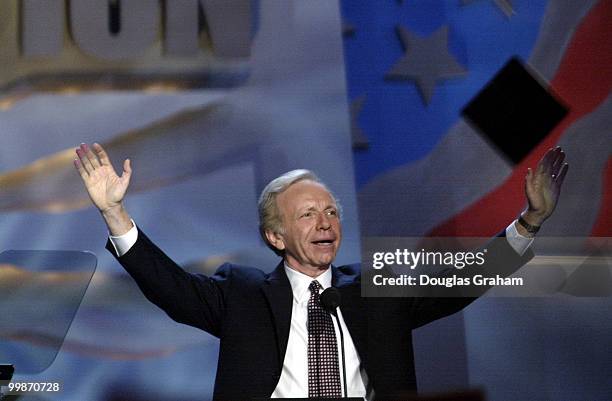 Joseph Lieberman, D-CT., during his acceptance of the vise presidential nomonation at the democratic national convention in Los Angeles, Ca.